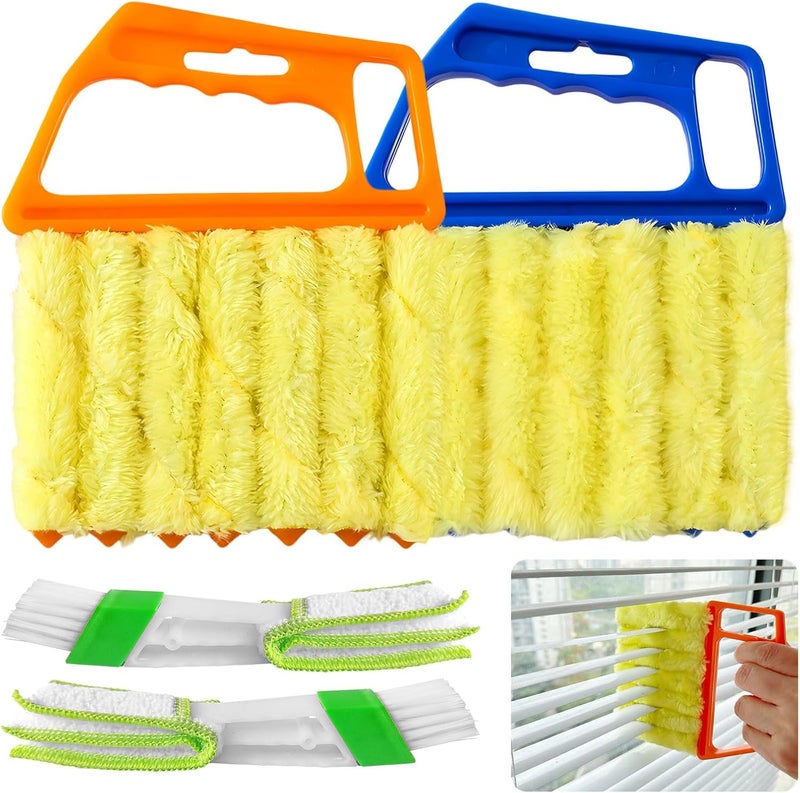 HAOHOMIO 4Pcs Blind Cleaner Duster Tool Set with 7-Finger & 3-Finger Brushes，Washable Multi-Surface Dusting Kit for Wood Blinds, Venetian Blinds, AC Vents, Car Vents, Shutters & Fans (Orange+Blue) - Image 1